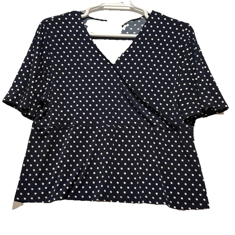 Liz Claiborne Blouse‎ Women's PXL Navy Blue V-Neck Faux Wrap Flutter Sleeve Top